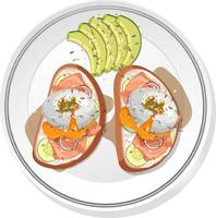 bovenaanzicht eten, Egg Benedict en avocado op witte achtergrond vector