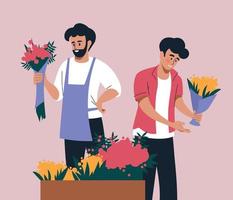 mensen met bloemen. mannen verkopen boeketten bloemen. vector afbeelding.