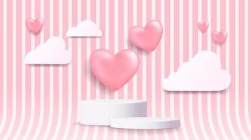 3d wit cilinder voetstuk podium met realistische roze ballonnen vorm hart wandscène en papier gesneden wolken. vector