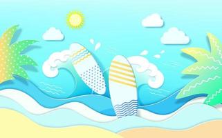 papier gesneden strand felle kleur achtergrond. vector illustratie sjabloon, parasol met blauwe bewolkte hemel.
