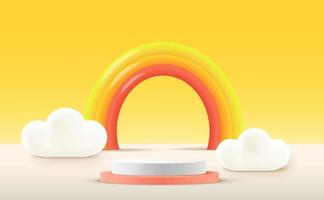 3D-rendering podium, kleurrijke achtergrond, wolken en weer met lege ruimte voor kinderen of babyproduct vector