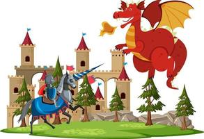 scène met ridder en draak in sprookjesland vector
