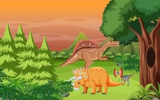 natuurscène met bomen op bergen met dinosaurus vector