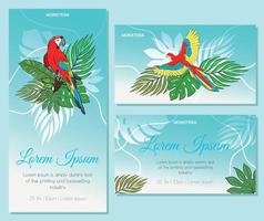 vector wenskaart met tropische planten voor een vakantie of een feest. een set thematische visitekaartjes. papegaai. blauw verloop.