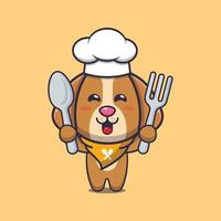 schattige hond chef-kok mascotte stripfiguur met lepel en vork vector