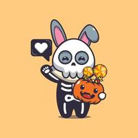 schattig konijn met skeletkostuum met halloween-pompoen vector