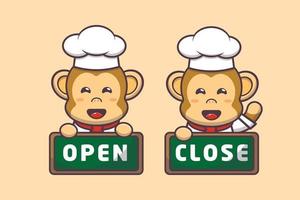 schattige aap chef-kok mascotte stripfiguur met open en dicht bord vector