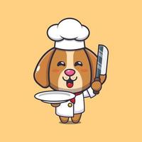 schattige hond chef-kok mascotte stripfiguur met mes en bord vector