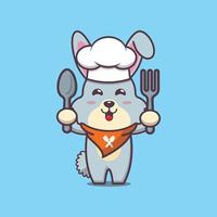 schattig konijn chef-kok mascotte stripfiguur met lepel en vork vector