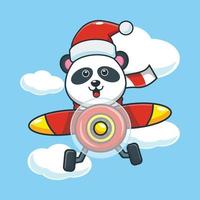 schattige panda stripfiguur met kerstmuts vliegen met vliegtuig vector