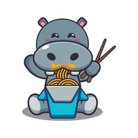 schattig nijlpaard eten noodle cartoon vectorillustratie vector