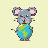 schattige muis stripfiguur knuffelen aarde vector