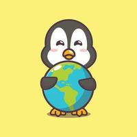 schattige pinguïn stripfiguur knuffelen aarde vector