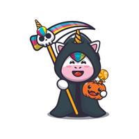 schattige eenhoorn in grim reaper-kostuum met zeis en halloween-pompoen vector