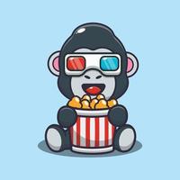 schattige gorilla die popcorn eet en 3D-film kijkt vector