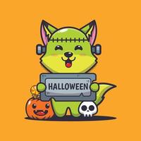 schattig zombie vos stripfiguur met halloween groet steen vector