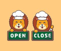 schattige leeuw chef-kok mascotte stripfiguur met open en dicht bord vector
