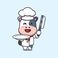 schattige koe chef-kok mascotte stripfiguur met mes en bord vector