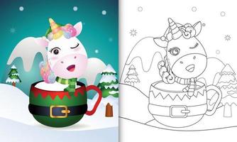 kleurboek met schattige eenhoorn kerstfiguren met een muts en sjaal in de elfbeker vector
