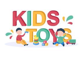 schattige kinderen spelen met verschillende speelgoed op de kleuterschool in platte cartoon stijl illustratie. interieur van speelkamer voor plezier en gamen vector