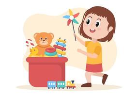 schattige kinderen spelen met verschillende speelgoed op de kleuterschool in platte cartoon stijl illustratie. interieur van speelkamer voor plezier en gamen vector