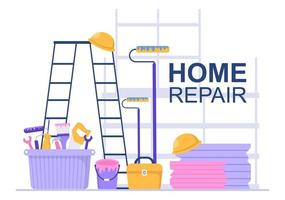 renovatie of reparatie van het huis met bouwgereedschap, het leggen van vloertegels en het schilderen van de muur tot een goede decoratieconditie in een vlakke achtergrondillustratie