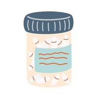 pillen. fles met verschillende tabletten en capsules. medische capsules container. geneesmiddelen voor de gezondheid, tegen ziekten en op recept. handgetekende vectorillustraties. vector