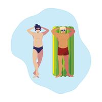 jonge mannen met zwempak en zweven matras in water vector