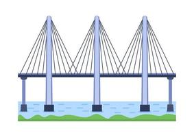 brug vectorillustratie. stadsarchitectuurelement met kabels, snelweg en brugconstructie over de rivier met rijbaan geïsoleerd en lantaarns op kleurrijk landschap vector