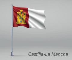 wapperende vlag van castilla-la mancha - regio spanje op vlaggenmast. vector