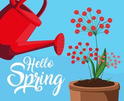 Hallo lente kaart met rode bloemen en sprinkler plastic pot vector