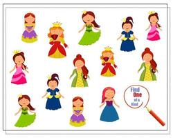 een puzzelspel voor kinderen, vind de enige in zijn soort. meisjes in prinsessenkostuums, in carnavalskostuums vector