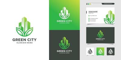 groen stadslogo en een visitekaartje, pictogram, gezondheid, plaats, gebouw, premium vector