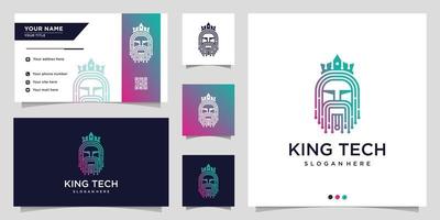 technologie logo met kroon en koning lijn kunststijl en visitekaartje ontwerpsjabloon premium vector