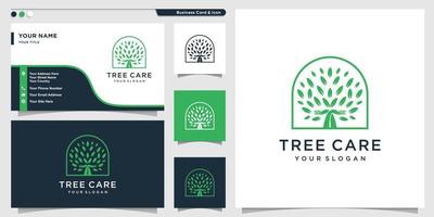 boomlogo met groen zorgconcept en ontwerpsjabloon voor visitekaartjes, premium vector