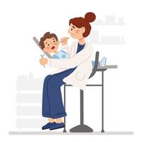 tandarts die de tanden van de jongen controleert in het kantoor van een tandarts. goede tandheelkundige zorg. kindertandarts en patiënt. vector
