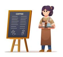 schattige vrouwelijke barista die in de buurt van het menubord staat terwijl ze een koffieillustratie draagt vector