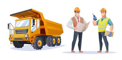 bouwvoorman en ingenieurkarakter met vrachtwagenillustratie vector