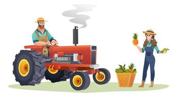 mannelijke boer op tractor en de vrouwelijke boer met vers fruit concept. oogst boer illustratie vector