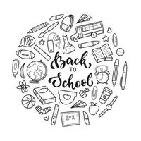 set hand getrokken school doodles en belettering citaat 'terug naar school' geïsoleerd op een witte achtergrond. goed voor afdrukken, pictogrammen, stickers, logo's, clipart, borden, kaarten, kleurpagina's, productdecor, enz. vector