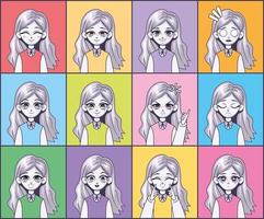 twaalf manga-emoties gezichten vector