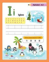 alfabet letter i - iglo oefening met cartoon woordenschat illustratie, vector