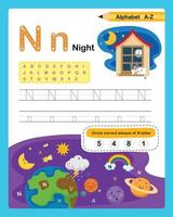 alfabet letter n - nacht oefening met cartoon woordenschat illustratie, vector
