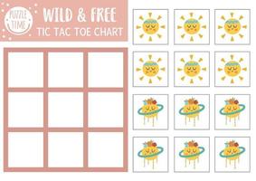 vector wild en gratis Tic Tac Toe-grafiek met schattige planeet en zon. etnische natuur bordspel speelveld met. grappig afdrukbaar werkblad voor kinderen. nullen en kruisen raster