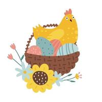 de kip zit in een nest gemaakt van mand met gekleurde eieren. Pasen geïsoleerd concept met bloemen. vector platte hand getekende illustratie.