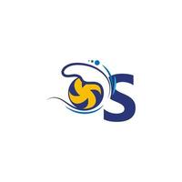 letter s-logo en volleybal sloeg in de watergolven vector
