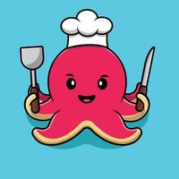 schattige chef-kok octopus met mes en vork cartoon vector pictogram illustratie. dierlijk voedsel pictogram concept geïsoleerde premium vector. platte cartoonstijl