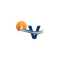 letter v-logo met pictogramsjabloon voor oceaanlandschap vector