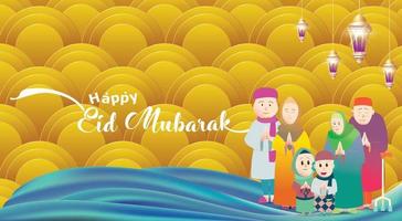 moslim familie groet vieren eid mubarak, ramadan kareem cartoon vector wensen voor islamitisch festival voor spandoek, poster, flyer, illustratie, wenskaart, brochure en verkoop achtergrond