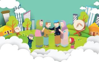 eid mubarak vectorillustratie met familie karakter. vectorillustratie voor wenskaart, poster en banner. met leuke ontwerpstijl vector
